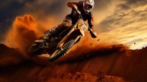 Thrilling off road riding a dirt bike mid jump dirt particles suspended adrenaline captured