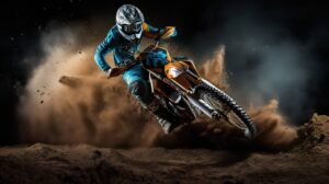 Thrilling off road wallpaper showcasing a dirt bike in mid air capturing the excitement with suspended dirt particles