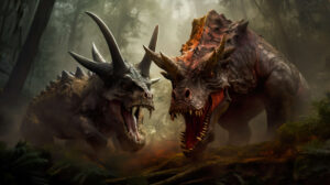 Thrilling prehistoric life wallpaper captures intense Triceratops vs. Tyrannosaurus Rex face off moment