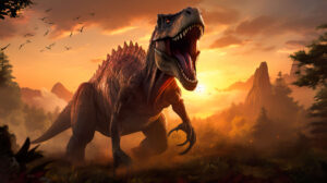 Towering ancient trees frame a majestic T Rex in a prehistoric landscape roaring powerfully as the sun sets