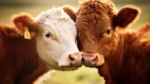 Two brown cows nuzzling each other affectionately, showcasing the gentle and social nature of these farm animals