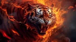 Vibrant reds and oranges engulf a fierce tiger whose fur resembles a blazing fire creating an intense wallpaper with captivating flames