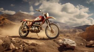 Vintage inspired dirt bike wallpaper, featuring a classic model against a backdrop of dusty trails and mountains