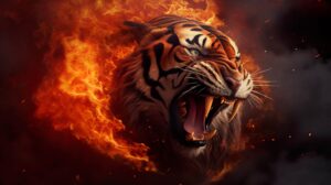 Wallpaper Fiery tiger with billowing mane dynamic embers scattering across the scene captured in a digital artwork