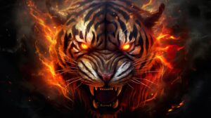 Wallpaper Fiery tigers intense eyes contrast with swirling flames showcasing its powerful and dynamic aura