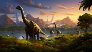 Wallpaper Long necked Brachiosauruses gracefully grazing in a lush vibrant valley their necks stretching towards foliage under a colorful sky