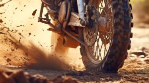 Wallpaper capturing the adventurous spirit a dirt bikes tire kicking up dirt showcased in a close up on a rugged trail