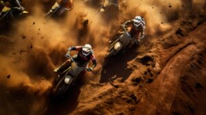 Wallpaper capturing the controlled chaos of dirt bikers speeding through a dirt track shown from an aerial perspective