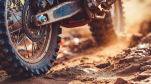 Wallpaper capturing the thrill of a dirt bike as its rugged tire kicks up dirt on a trail showcasing its gritty and adventurous spirit