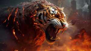Wallpaper featuring a digital artwork of a fiery tiger with a billowing mane surrounded by dynamic embers scattering across the scene in a roaring fire
