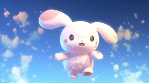 Wallpaper of a cute cinnamoroll laughing and jumping in the sky