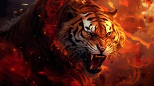 Wallpaper of a tiger ablaze its fur vibrant in reds and oranges encapsulated by fierce flames for an intense and captivating display