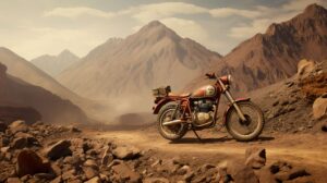 Wallpaper with a vintage style dirt bike showcasing a timeless model amidst dusty trails and mountains