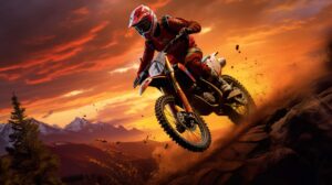 Warm hued sky embraces dirt biker conquering a hill mirroring the essence of freedom in a sunset wallpaper