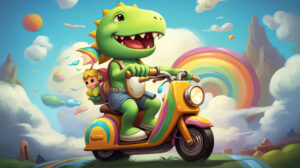 Whimsical depiction of a green dinosaur riding a scooter through a fantasy world filled with rainbows, clouds, and joyful surprises