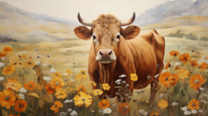 Whimsical wallpaper featuring a brown cow with a bell around its neck standing in a wildflower field adds a charming touch