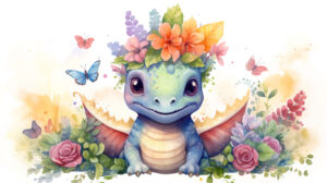 Whimsical wallpaper showcasing a playful baby dinosaur donning a small crown amidst vibrant flowers and fluttering butterflies