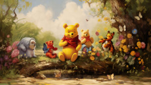 Winnie the Pooh gleefully basks in the sun embraced by vibrant blossoms and joyful companions in the Hundred Acre Wood wallpaper