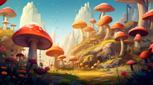 A fantasy landscape of cute mushrooms, creating a dreamy and magical wallpaper