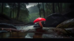 A vibrant red mushroom standing on a rock on a rainy day with water dripping from it makes for a delightful wallpaper