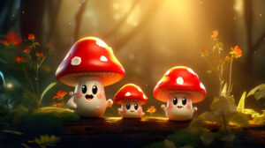 Adorable mushroom family with smiling faces, bringing a touch of charm to your screen