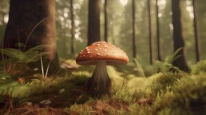 An adorable wallpaper of a lone mushroom standing in a lush forest