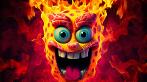 Bold and vibrant wallpaper featuring SpongeBob with flames accentuating his silhouette