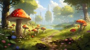 Capture the whimsy of an alluring meadow adorned with delightful mushrooms creating a picturesque setting ideal for a carefree ambiance