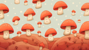 Cartoonish mushrooms wearing tiny hats, adding a dose of cuteness to your wallpaper