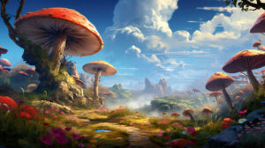 Creating an enchanting and fantastical wallpaper this adorable mushroom filled landscape evokes a dreamy and magical atmosphere