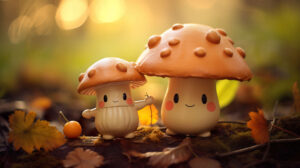 Delightful ambiance is created by the cute mushrooms with big eyes and friendly expressions in the kawaii style wallpaper