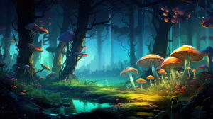 Dreamy and magical this wallpaper showcases a fantasy landscape with adorable mushrooms