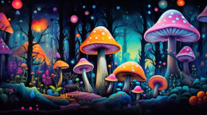 Enchanting forest reminiscent of fairy tales adorned with adorable mushrooms in vibrant and welcoming shades perfect for unique wallpapers