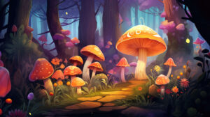 Fairy tale inspired forest filled with cute mushrooms in vibrant and inviting hues
