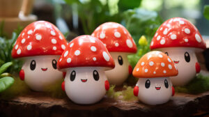 Kawaii style mushrooms with big eyes and friendly expressions, creating a delightful ambiance