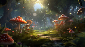 Mystical mushroom filled field ideal for creating a whimsical ambiance