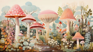 Pastel colored mushrooms playfully come together to create a whimsical woodland scene in this wallpaper
