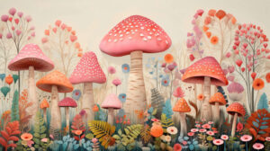 Playful mushrooms in pastel colors, forming a whimsical woodland scene