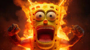 SpongeBob in a fiery superhero pose, embracing the intensity of flames