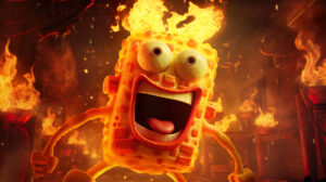 SpongeBob in flame inspired surroundings, portraying a fun and energetic theme