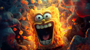 SpongeBob surrounded by dynamic fire patterns, radiating energy and excitement
