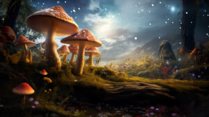 Tranquil meadow adorned with delightful mushrooms ideal for creating a whimsical ambiance