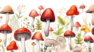 Wallpaper featuring a charming watercolor style background adorned with adorable mushrooms in different shapes