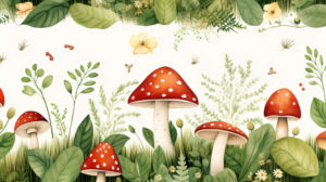Wallpaper featuring a whimsical watercolor style background embellished with charming mushrooms of different shapes. 114 characters