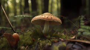 Wallpaper featuring a wide top mushroom standing in a forest