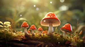 Wallpaper showcasing charming mushrooms in adorable tiny hats to inject cuteness into your screen