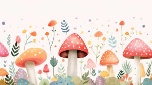 Watercolor style background adorned with tiny, endearing mushrooms in various shapes