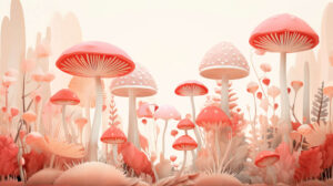 Whimsical woodland wallpaper filled with pastel colored playful mushrooms