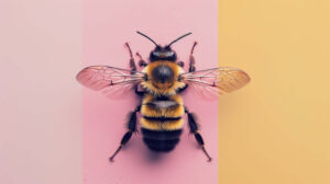 A backdrop in soft pastel hues serves as the canvas for a minimalist bee design emanating a graceful and understated aura