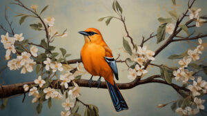 A blossoming branch is graciously inhabited by a lively orange bird that emanates a vibrant and cheerful presence in this warm and inviting wallpaper